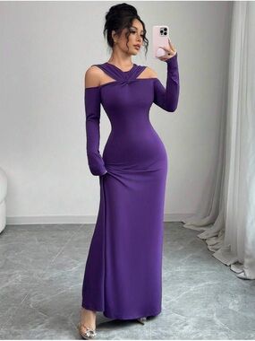 Purple cold-Shoulder Long Sleeve Dress